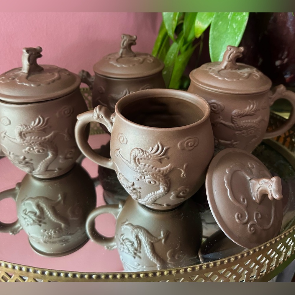 Set of 4 Yixing Zisha Purple Clay Unglazed Dragon Mugs with Lids